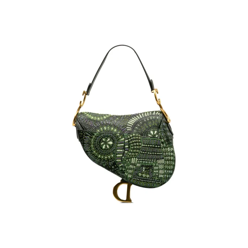 DIOR Saddle Leather Saddle Bags One Shoulder Handbags Women's Black & Green-2
