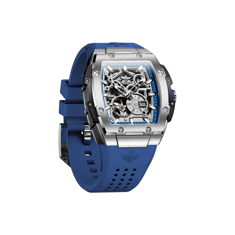 Oupinke Tonneau-Shaped Mechanical Movement Silicone Strap Watch Men's Watches White Dial-1