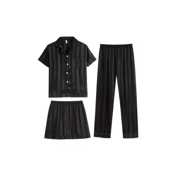 CAIHENGTONG Cardigan Short-Sleeved Shorts Pants Three-Piece Set Comfortable Cooling Loungewear Pajama Set Men's Black