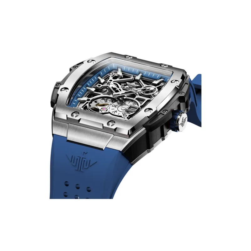 Oupinke Tonneau-Shaped Mechanical Movement Silicone Strap Watch Men's Watches White Dial-2