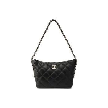 CHANEL Grained Shiny Calfskin Combo Hobo Shoulder Bag Crossbody Bag Handbag Medium Size Women's Black
