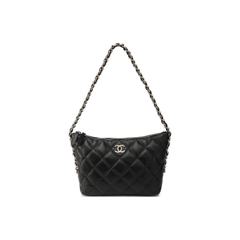 CHANEL Grain Bright Calfskin Patchwork Hobo Shoulder Bag, Crossbody Bag, Handbag Medium Size Women's Black-0