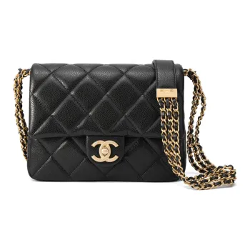CHANEL Litchi Cow Leather Lipstick Bag Envelope Bag Shoulder Bag Crossbody Bag Small Size Women's Black