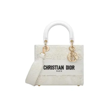 DIOR Lady D Lite Embroidery Lady Dior Bag, Shoulder Bag, Crossbody Bag, Handbag Medium Size Women's White