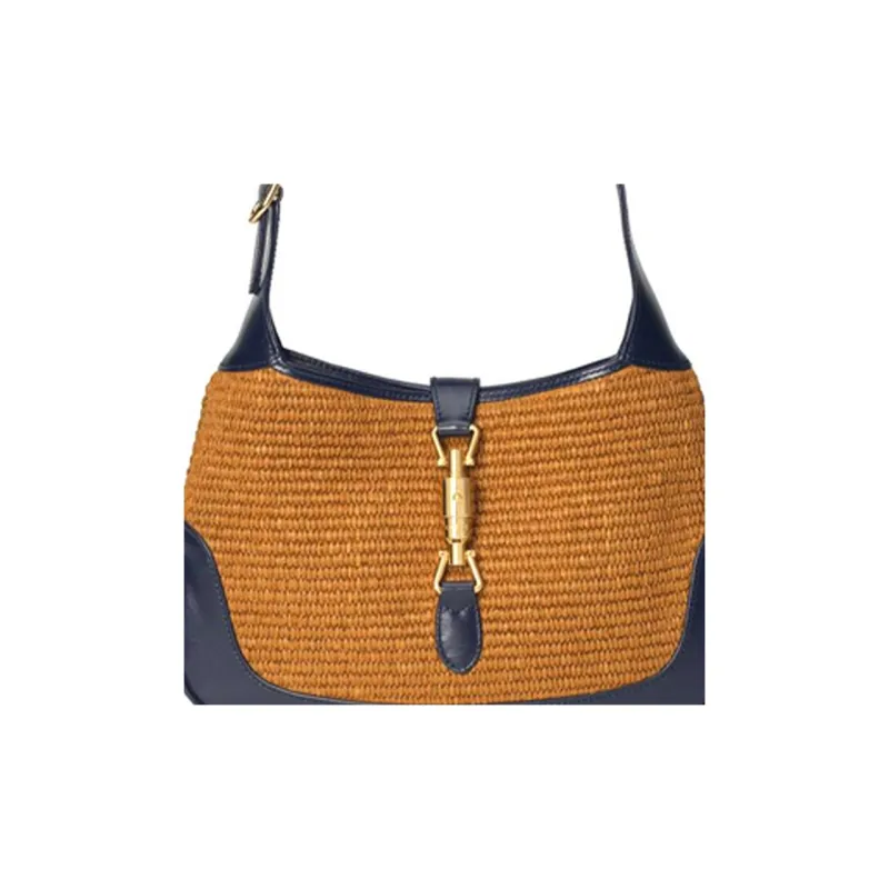 GUCCI Jackie 1961 Fabric With Leather Crescent Shoulder Bag Shoulder Bag Small Size Women's Brown Blue Multicolor-8