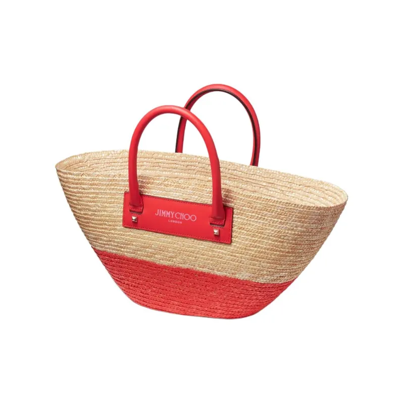 Jimmy Choo Tote Bag Shopping Bag Handbag Raffia Medium Size Women's Natural Multicolor Red-1