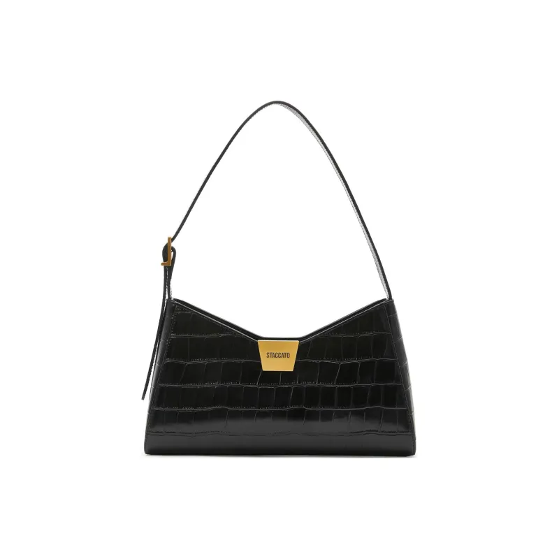 Staccato Cow Leather Handbag, Shoulder Bag Regular Women's Elegant White/Luxurious Black-4