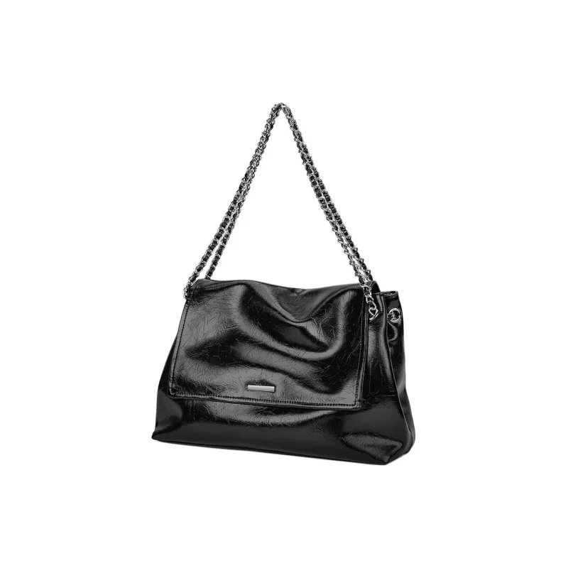 HARSON Cow Leather Shoulder Bag Large Size Women's Black/Silver-2
