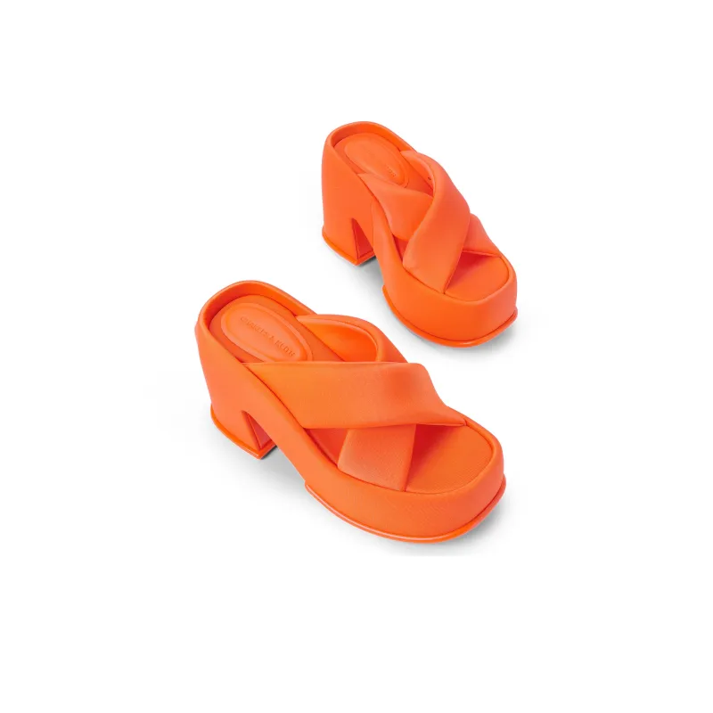 CHARLES&KEITH Slide Slippers Women's Black Textured/Chalk White/Orange-10