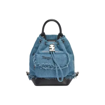 Tagi. Cow Leather Backpack Mini Women's Newspaper Denim