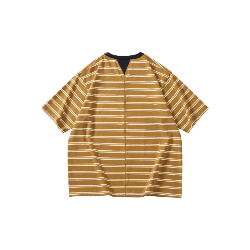 SET FUNS Brand Logo Multicolor Stripes Off The Shoulder 3/4 Short Sleeved T Shirt Men's Summer-1