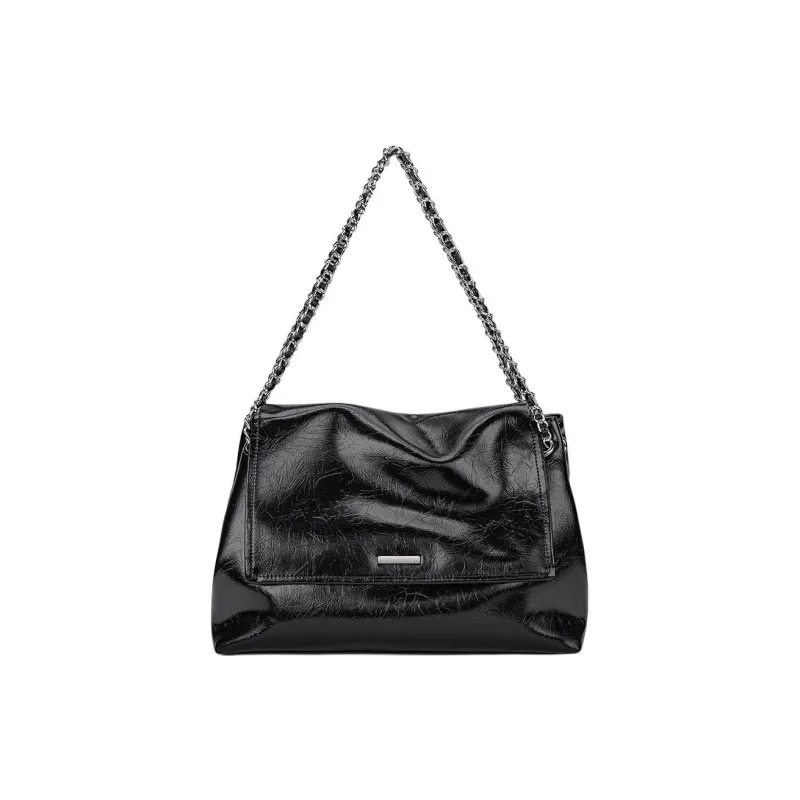 HARSON Cow Leather Shoulder Bag Large Size Women's Black/Silver-1