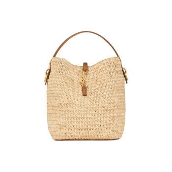 SAINT LAURENT Raffia With Calfskin Portable Crossbody Bag, Shoulder Bag Women's Natural & Brick Red