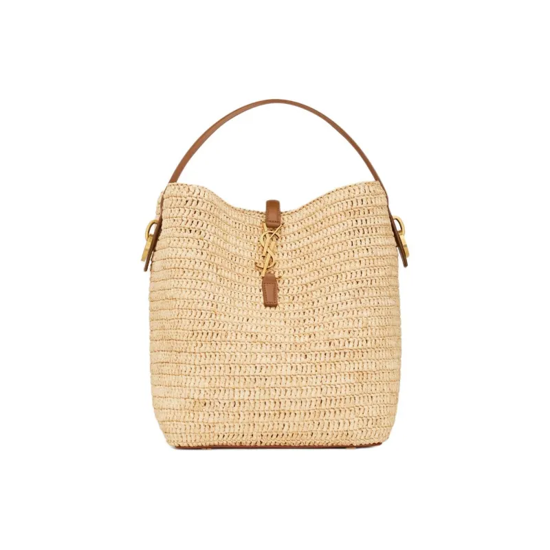 SAINT LAURENT Raffia With Calfskin Portable Crossbody Bag, Shoulder Bag Women's Natural & Brick Red-0