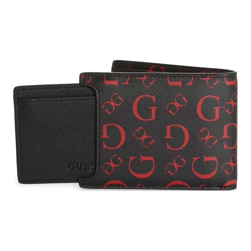 GUESS Artificial Leather Card Holder Wallet Large Size Men's Black & Red-1