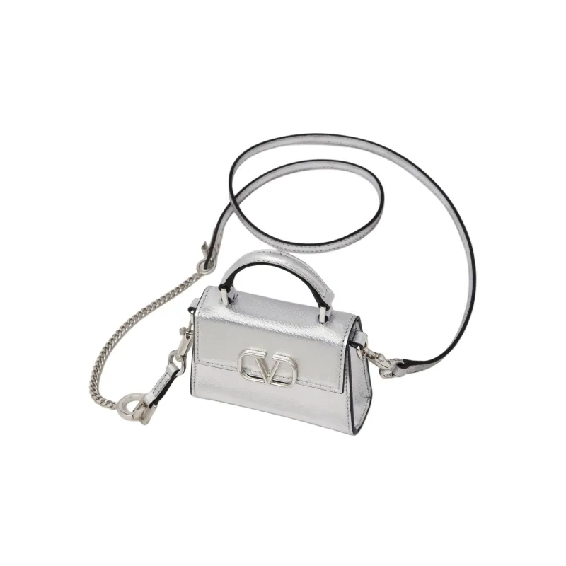 Valentino VSLING Grain Cow Leather Shoulder Bag, Crossbody Bag, Handbag Micro Women's Silver-4