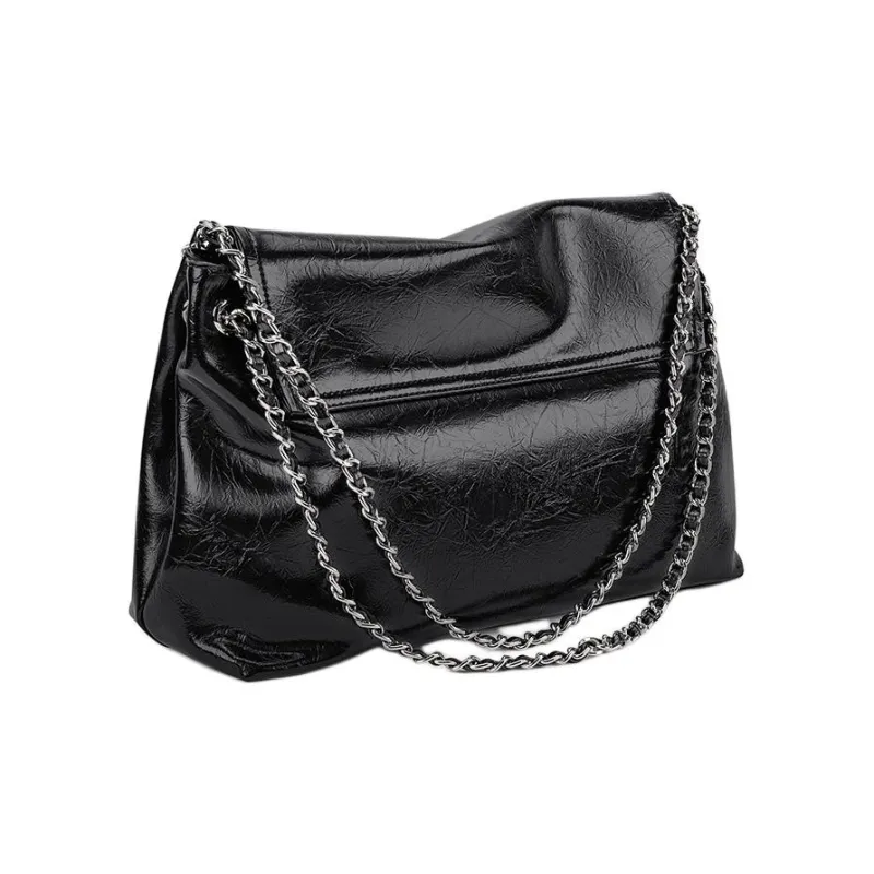 HARSON Cow Leather Shoulder Bag Large Size Women's Black/Silver-3