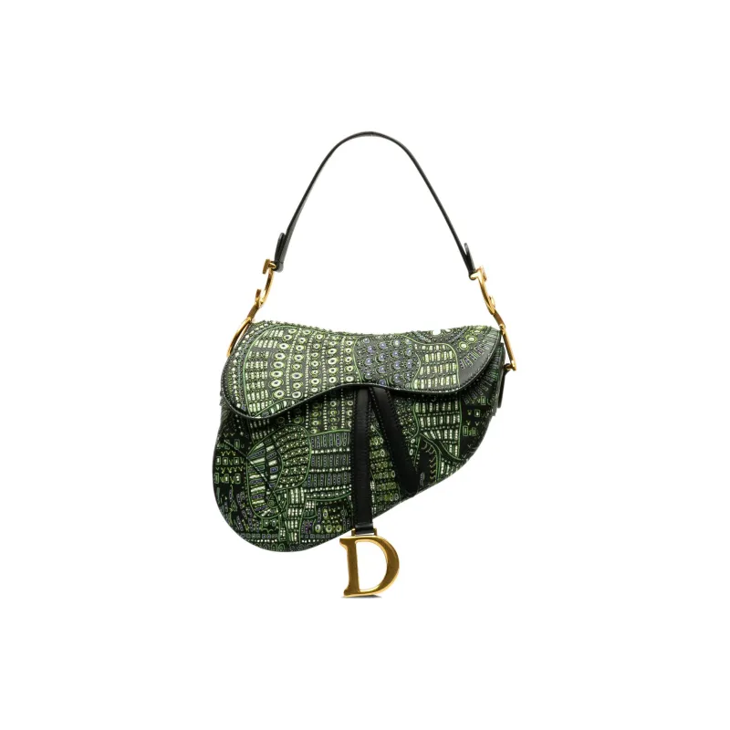 DIOR Saddle Leather Saddle Bags One Shoulder Handbags Women's Black & Green-0