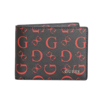 GUESS Artificial Leather Card Holder Wallet Large Size Men's Black & Red