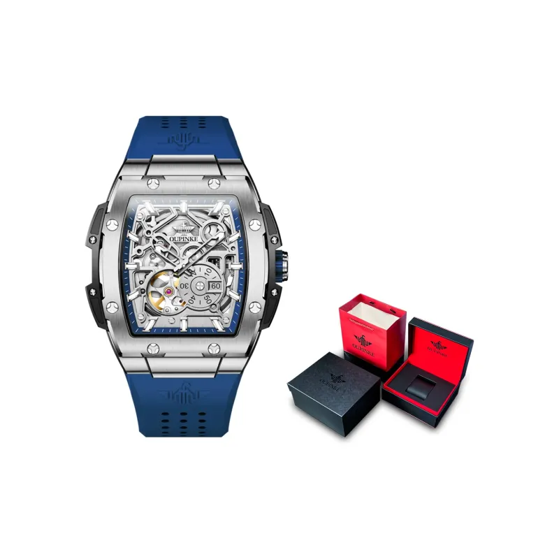 Oupinke Tonneau-Shaped Mechanical Movement Silicone Strap Watch Men's Watches White Dial-0