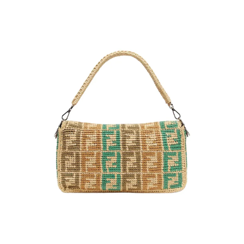 FENDI Raffia Straw Bag Shoulder Bag Crossbody Bag Handbag Large Size Men's Beige Spelled With Multiple Colors-2
