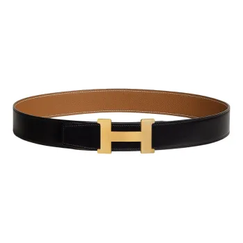 HERMES Togo Calfskin Double Sided Leather Belts Men's Black/Gold Width 3.8cm