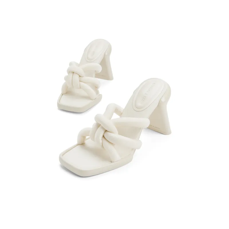 CHARLES&KEITH Small Ck Slide Slippers 10cm Women's Chalk White/Black Textured/Orange-2