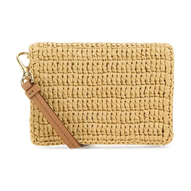 PRADA Raffia With Leather One Shoulder Crossbody Card Holder Women's Beige-2