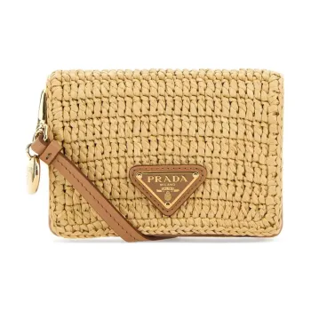 PRADA Raffia With Leather One Shoulder Crossbody Card Holder Women's Beige