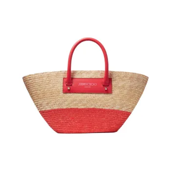 Jimmy Choo Tote Bag Shopping Bag Handbag Raffia Medium Size Women's Natural Multicolor Red
