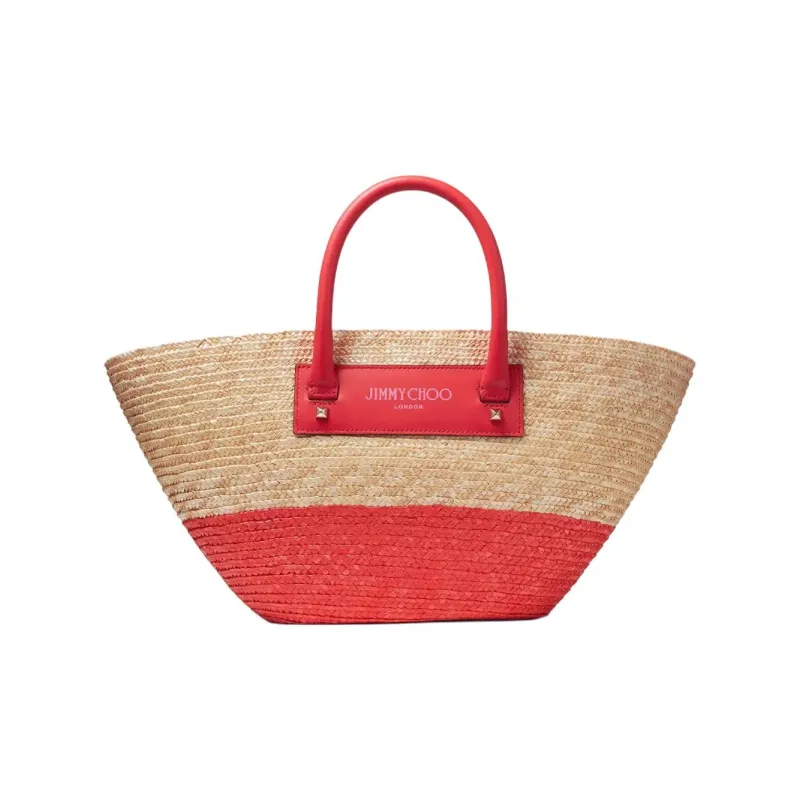 Jimmy Choo Tote Bag Shopping Bag Handbag Raffia Medium Size Women's Natural Multicolor Red-0