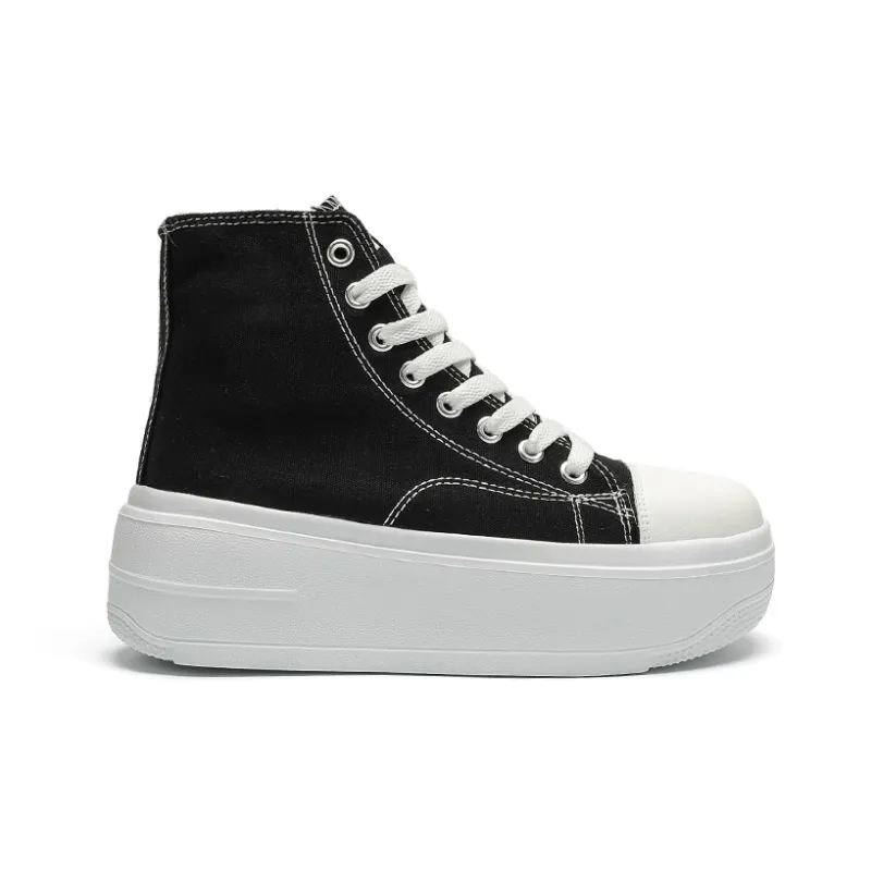 Nrillo Anti Slip And Wear Resistant Height Increasing Mid Top Canvas Shoes Unisex Black White-2