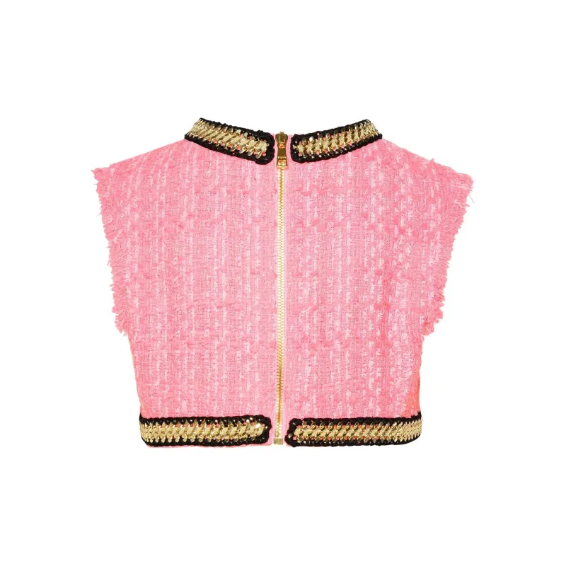 BALMAIN Logo embroidered Tweed Crop Top-1