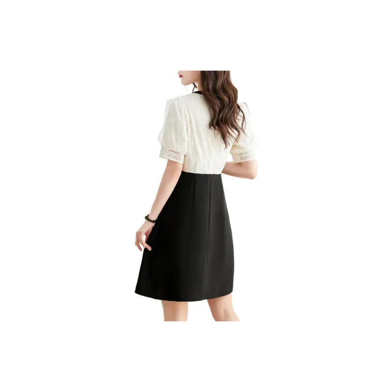 Still Quiet Short Sleeved Dress Women's Beige+Black-1