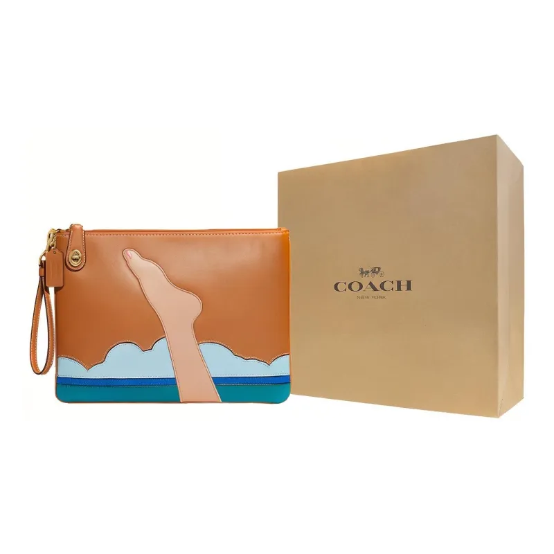 COACH Tom Wesselmann Collaboration Wristlet Leather Clutch Large Size Unisex Brown-4