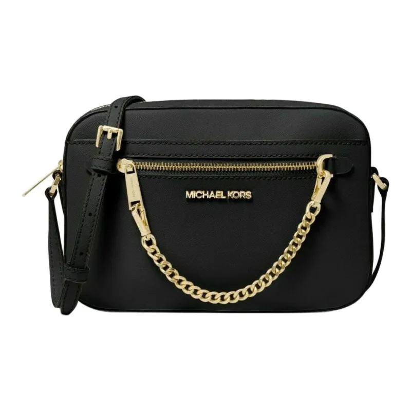Michael Kors Jet Set Large Zip Chain Crossbody Bag Shoulder Black Leather Gold-0