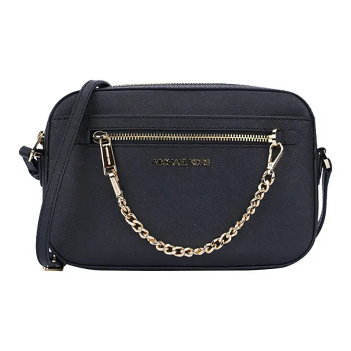 Michael Kors Jet Set Large Zip Chain Crossbody Bag Shoulder Black Leather Gold-1