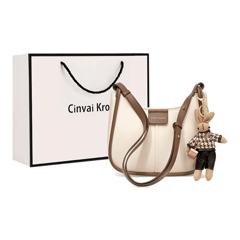 Simvay Clos Cow Leather With Synthetic Leather Bucket Bags Shoulder Bags Medium Size Women's Ecru/Coffee-0