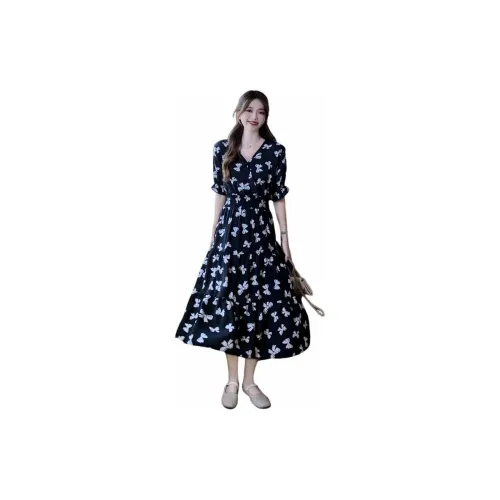 Mochahome Short-Sleeved Dresses Women's Black Background With Bowknot