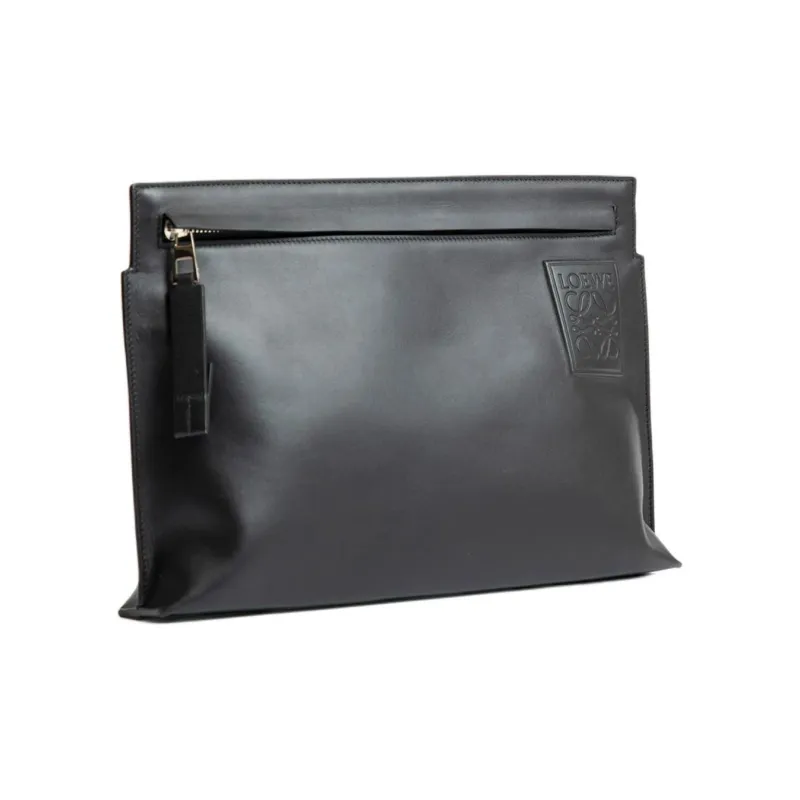 LOEWE T Pouch Bag Cow Leather Clutch Small Size Women's Black-1