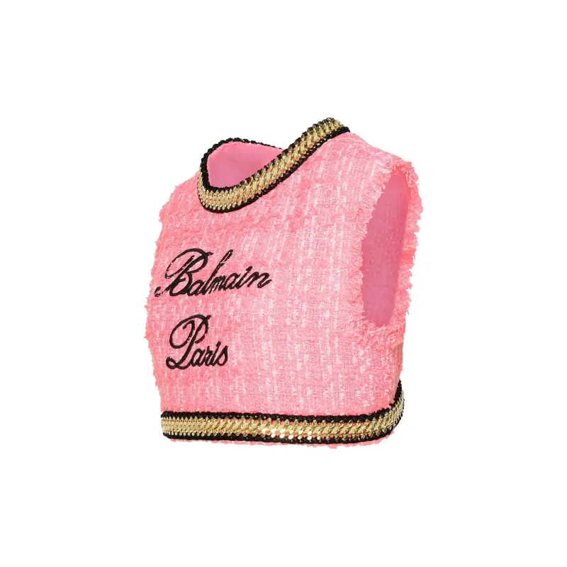 BALMAIN Logo embroidered Tweed Crop Top-4