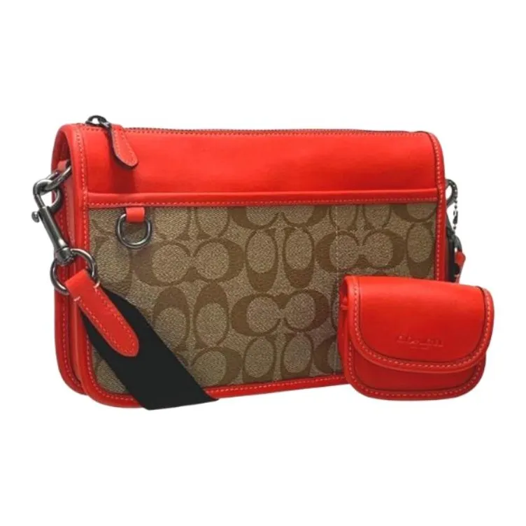 COACH Heritage Cow Leather One Shoulder Handbag, Crossbody Bag Medium Size Men's Brown & Red-3