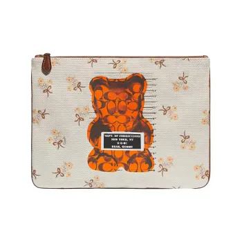 COACH X Vandal Gummy Bear Collaboration Wristlet Pebbled Leather Document Bag Clutch Large Size Women's Beige Orange
