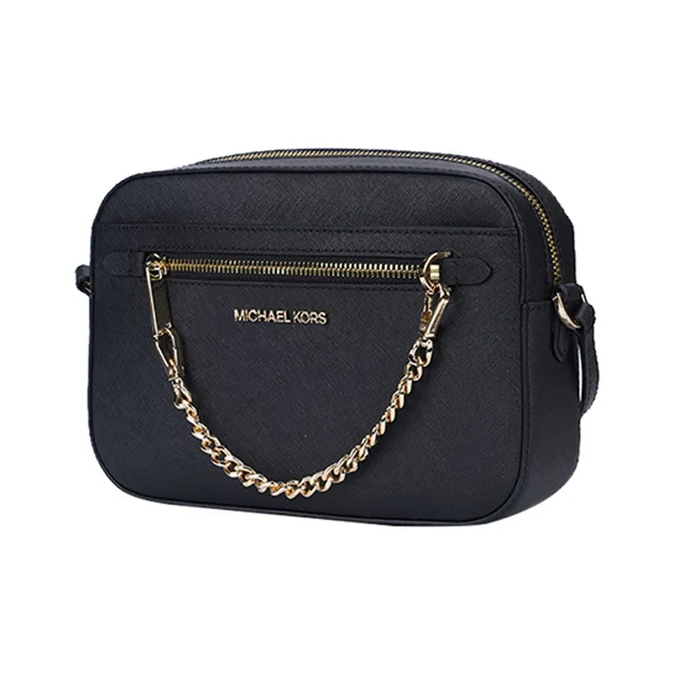 Michael Kors Jet Set Large Zip Chain Crossbody Bag Shoulder Black Leather Gold-2