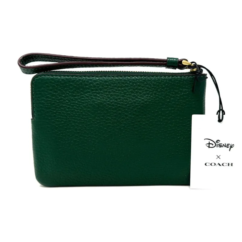 COACH Disney Corner Zip Wristlet Disney Collaboration Leather Wrist Bags Clutches Small Size Women's Green-1