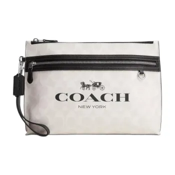 COACH Pouch Coated Canvas With Smooth Calfskin Wristband Wrist Bag Clutch Large Size Women's White