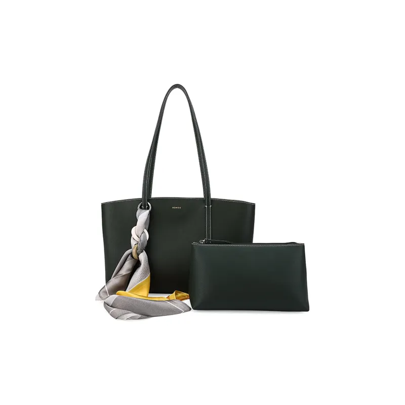 HONGU Cow Leather Patchwork Synthetic Leather Tote Bag Women's Shoulder Bag Regular Women's Green Brown Ecru-2
