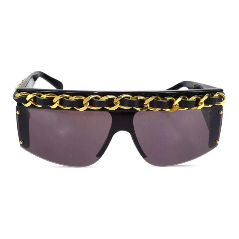 CHANEL 1990-2000s Leather-and-chain Trimmed Shield Sunglasses-1