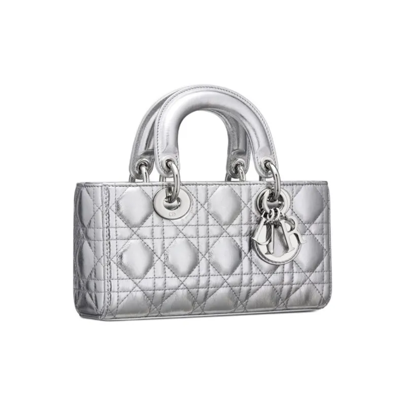 DIOR Lady D-JOY Pleated Cow Leather Shoulder Bag Crossbody Bag Handbag Small Size Women's Silver-3