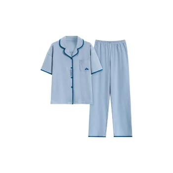 CAIHENGTONG Cardigan Short-Sleeved Shirt And Pants Soft Skin-Friendly Loungewear Pajama Set Unisex